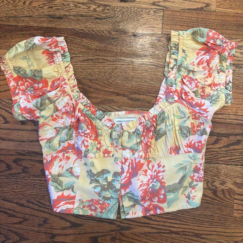 Urban Outfitters Cream Ruffled Cap Sleeve Crop Blouse